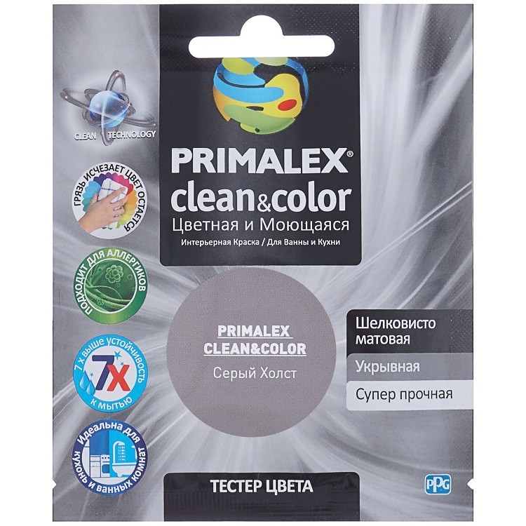 Краска интерьерная Primalex Clean&Color Серый холст 40 мл