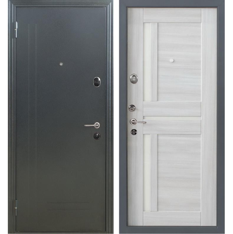 Дверь входная металлическая Меги 573 левая 2050х970 мм снаружи металл Серебро на черном внутри МДФ 0545 С Беленый дуб