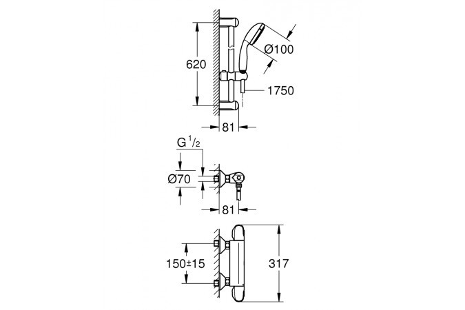 Душевой комплект Grohe Grohtherm 1000 New 34151004 со штангой 600 мм