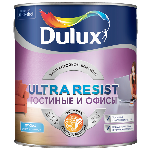 Краска Dulux Ultra Resist для гостиной и офиса база BC матовая 2,25 л