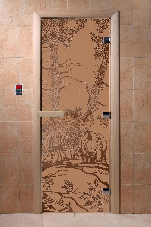 Дверь для сауны стеклянная Doorwood DW00938 Мишки в лесу бронзовая матовая 700х1900 мм