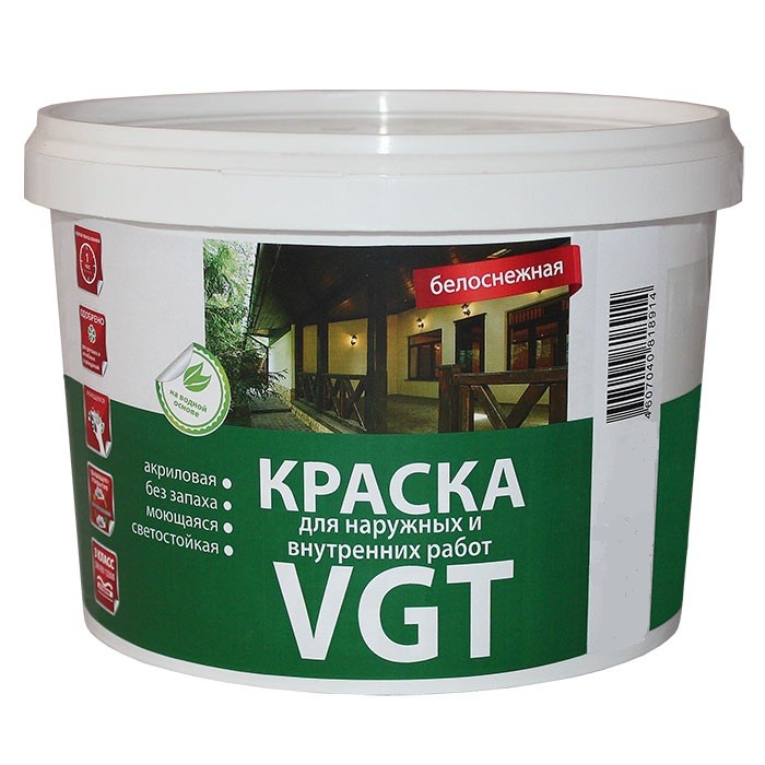 Краска для наружных и внутренних работ VGT ВД-АК-1180 белоснежная 1,5 кг