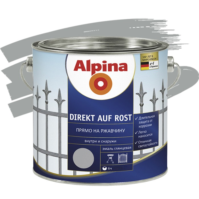 Эмаль по ржавчине Alpina Direkt auf Rost гладкая RAL 9006 серебрянная 0,75 л