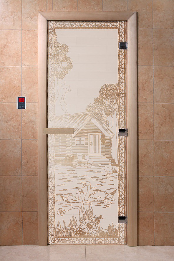 Дверь для сауны стеклянная Doorwood DW00920 Банька в лесу сатин 700х1900 мм 