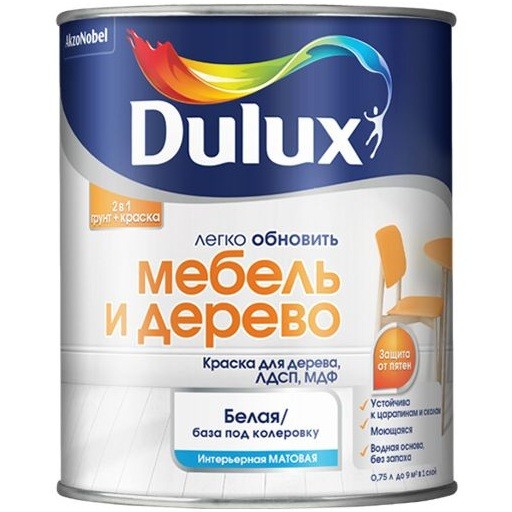 Краска водно-дисперсионная Dulux Легко обновить Мебель и дерево база BW 0,75 л матовая