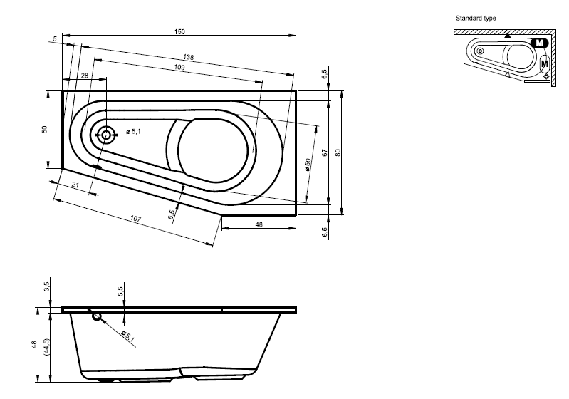 Ванна акриловая ассиметричная Riho Delta 150x80 см L 