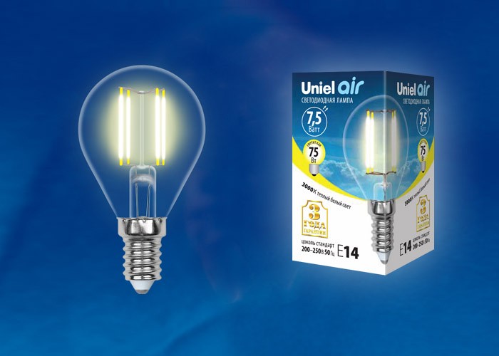 Лампа светодиодная Uniel Air LED-G45-7,5W/E14 прозрачная 3000K