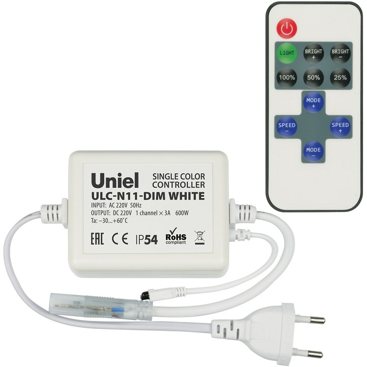 Контроллер для светодиодных одноцветных ULS-2835 лент 220В Uniel ULC-N11-DIM White с пультом управления