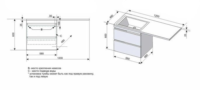 Тумба подвесная с раковиной Style Line Даллас 120 R Люкс Plus белая