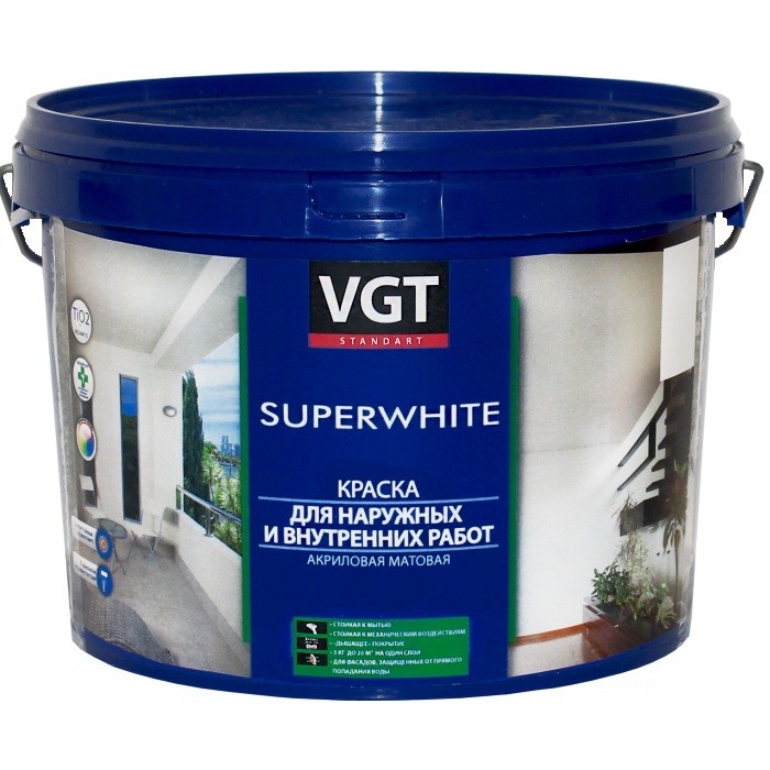 Краска для наружных и внутренних работ VGT ВД-АК-1180 супербелая 1,5 кг