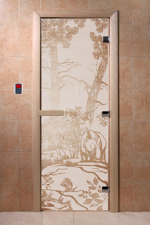 Дверь для сауны стеклянная Doorwood DW00937 Мишки в лесу сатин 800х2000 мм