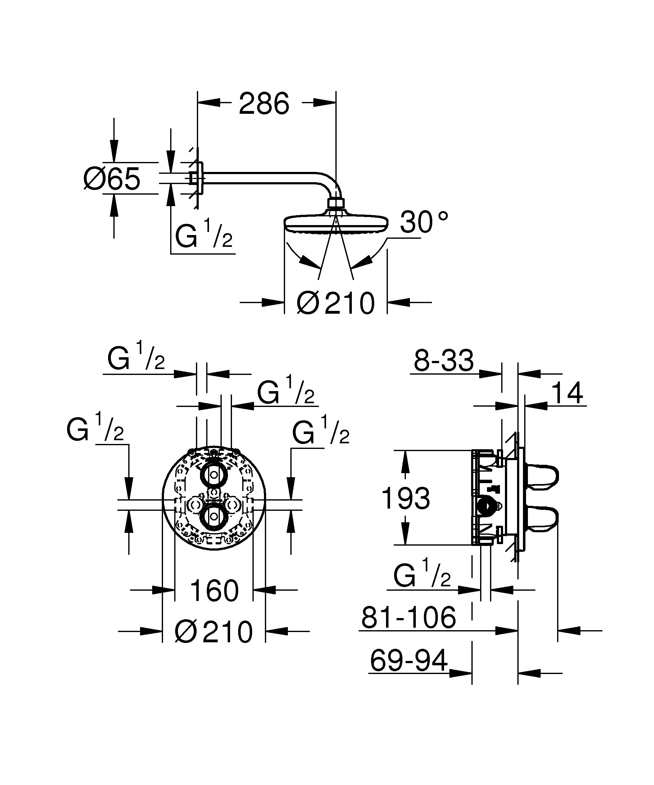 Душевой комплект Grohe Grohtherm 1000 34582001 с верхним душем Tempesta 210