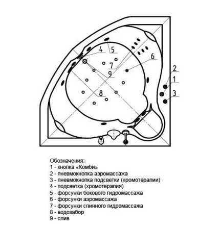 Ванна акриловая угловая с гидромассажем Aquatek Сириус 164x164 см стандартные форсунки