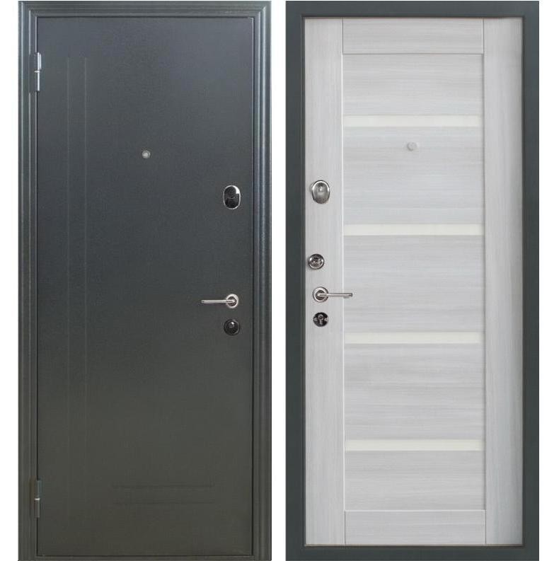 Дверь входная металлическая Меги 573 левая 2050х970 мм снаружи металл Серебро на черном внутри МДФ 0543 С Беленый дуб