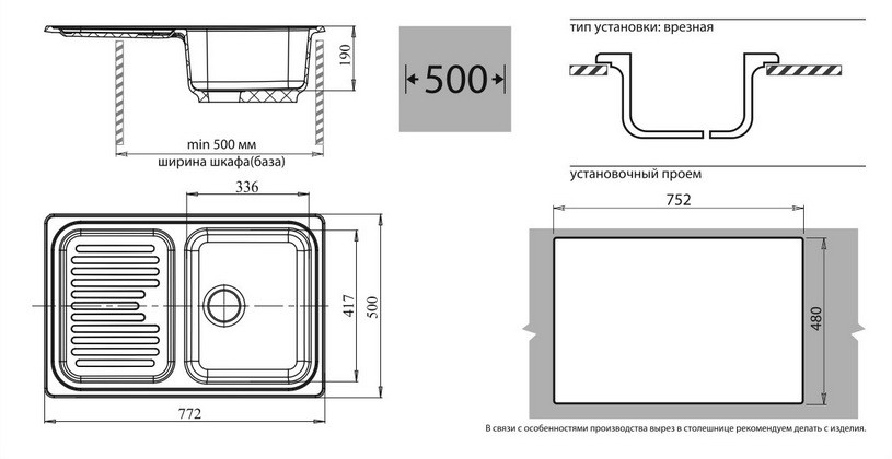 Кухонная мойка GranFest Standart GF-S780L 772х500 мм композитная белая