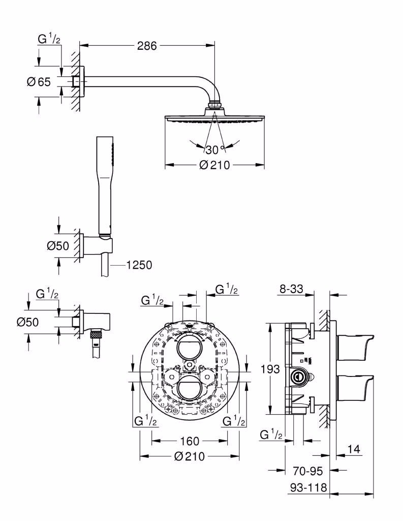 Душевой комплект Grohe Grohtherm 2000 New 34631000 с верхним душем Rainshower Cosmopolitan 210