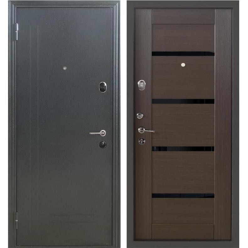 Дверь входная металлическая Меги 573 левая 2050х870 мм снаружи металл Серебро на черном внутри МДФ 0447 С Венге