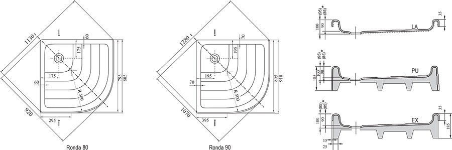 Поддон душевой Ravak Ronda-90 PU полукруглый 900x900х185 мм