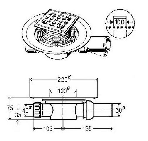 Трап с дизайн-решеткой Viega X1 10х10см нерж.сталь 557119 4935.1