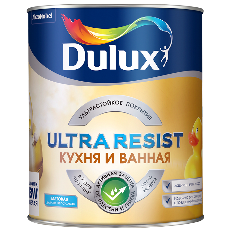 Краска Dulux Ultra Resist для кухни и ванной база BW матовая 1 л