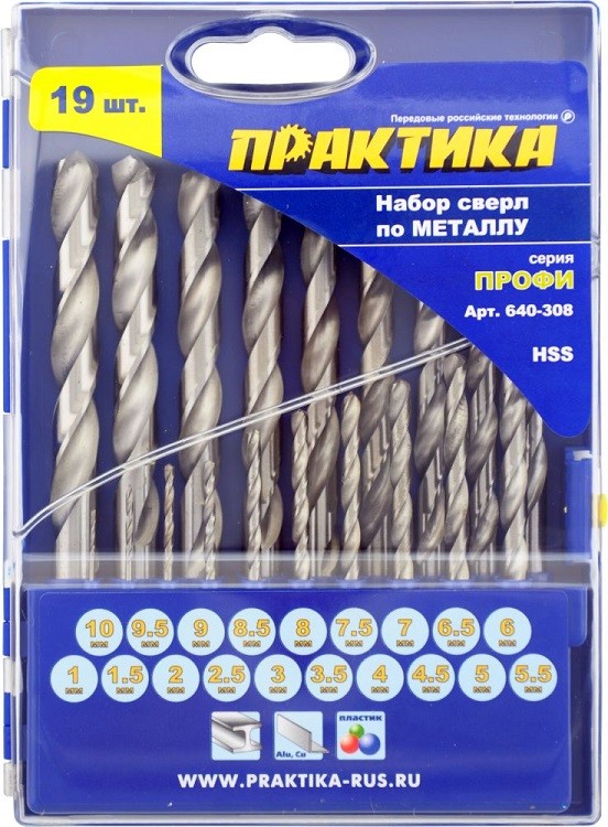 Набор сверл по металлу Практика Профи 640-308 1-10 мм 19 шт.