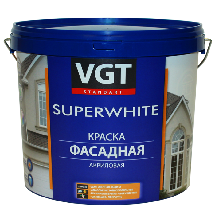 Краска акриловая VGT ВД-АК-1180 фасадная супербелая 45 кг