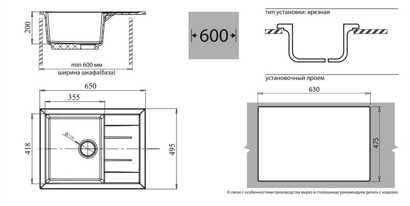 Кухонная мойка GranFest Quadro GF-Q650L 650х495 мм композитная серая
