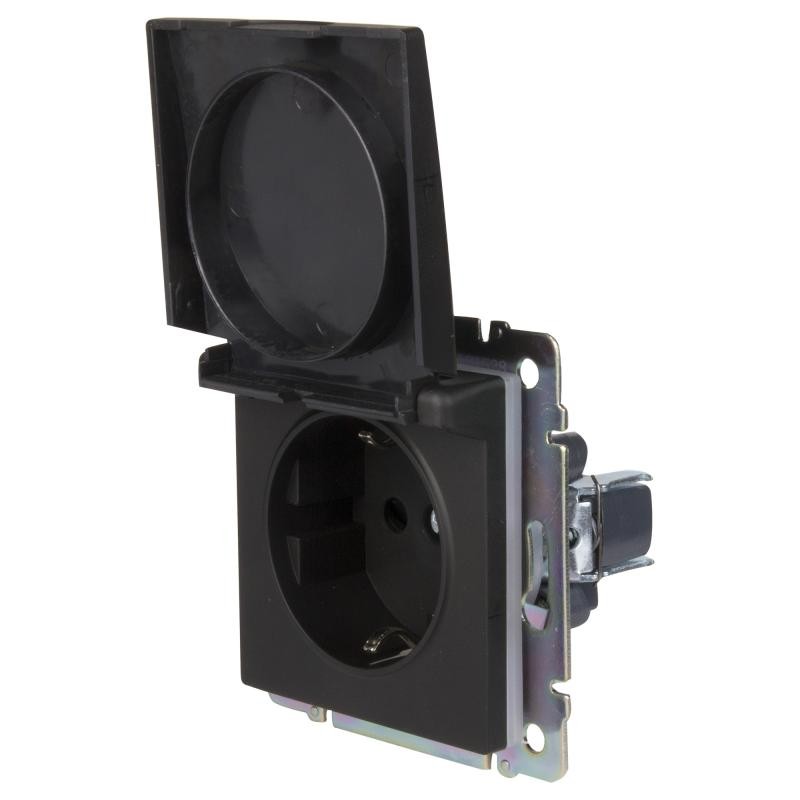 Механизм розетки Werkel WL08-SKGSC-01-IP44 одноместный с заземлением и защитными шторкам с крышкой черный матовый