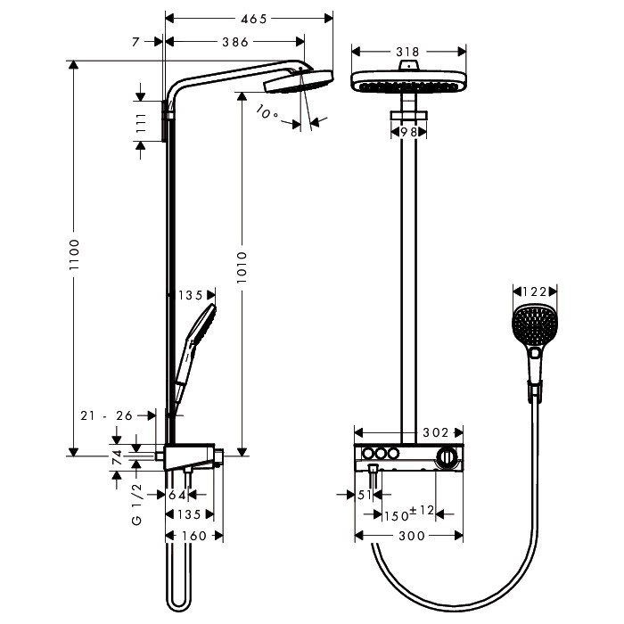 Душевая система с термостатом Hansgrohe Raindance Select E 300 Showerpipe 27127400