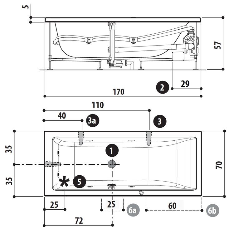 Ванна акриловая прямоугольная Jacuzzi Lagoon 170х70 см SX 
