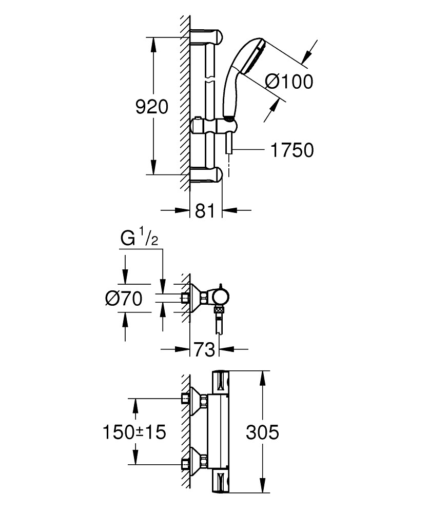 Душевой комплект Grohe Grohtherm 800 34566001 со штангой 900 мм