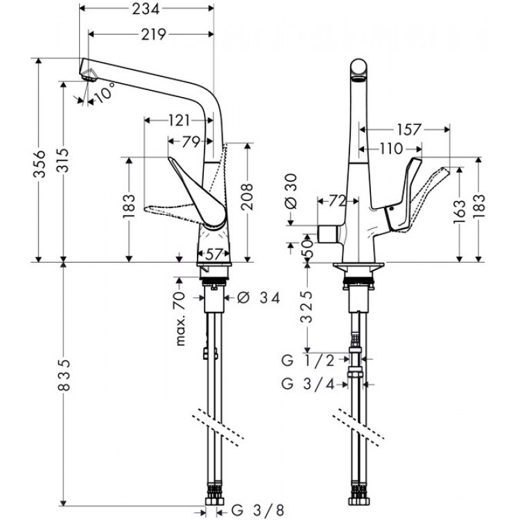 Смеситель для  кухни Hansgrohe Metris 320 14888000 с запорным вентилем