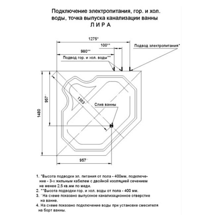 Ванна акриловая угловая с гидромассажем Aquatek Лира 148x148 см плоские форсунки
