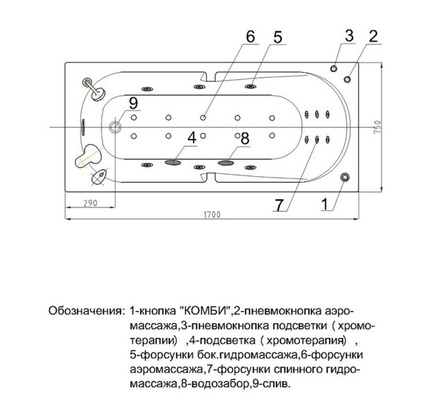 Ванна акриловая с гидромассажем Aquatek Лея 170х75 см стандартные форсунки