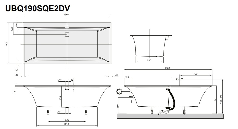 Ванна квариловая Villeroy & Boch Squaro Edge 12 UBQ190SQE2DV-01 190х90 см