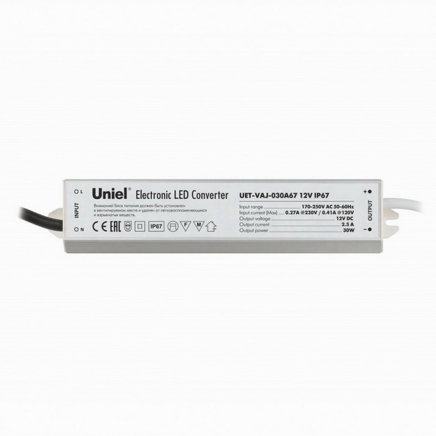 Блок питания Uniel UET-VAJ-030A67 12V IP67 для светодиодов с защитой от короткого замыкания и перегрузок