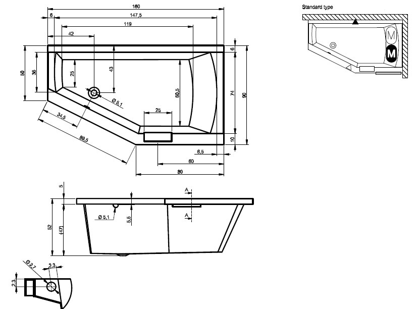 Ванна акриловая ассиметричная Riho Geta 160x90 см L