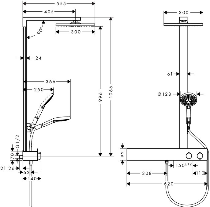 Душевая стойка Hansgrohe Raindance E 300 1jet Showerpipe 600 ST EcoSmart 27364000
