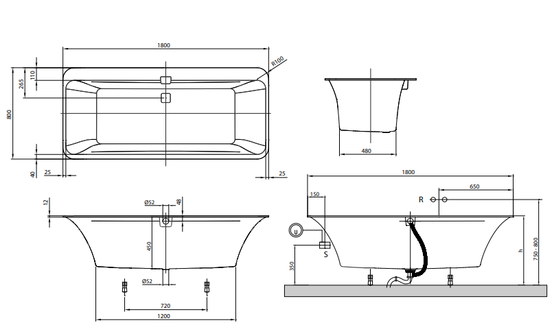Ванна квариловая Villeroy & Boch Squaro Edge 12 UBQ180SQE7DV-01 180х80 см