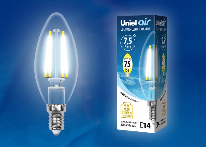 Лампа светодиодная Uniel Air LED-C35-7,5W/E14 прозрачная 4000K