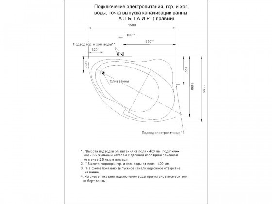 Ванна акриловая с гидромассажем Aquatek Альтаир 158х120 см R стандартные форсунки