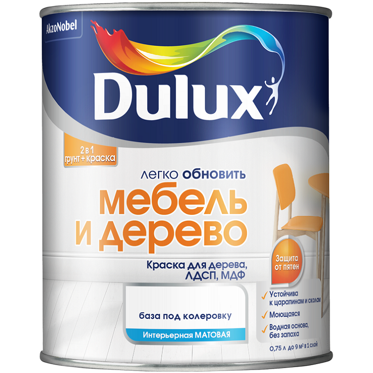 Краска водно-дисперсионная Dulux Легко обновить Мебель и дерево база BC 2 л матовая