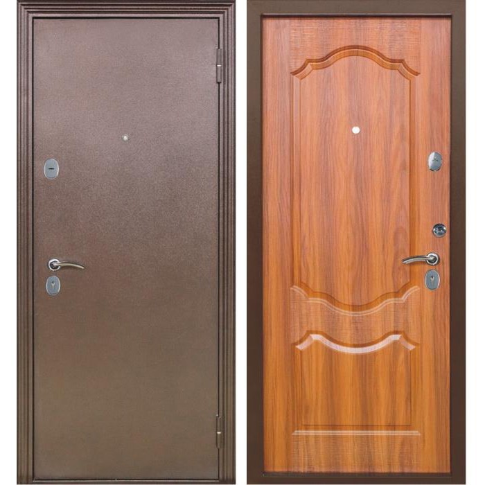 Дверь входная металлическая Меги 592 правая 2050х870 мм снаружи металл Медный антик внутри МДФ 1022 Итальянский орех 