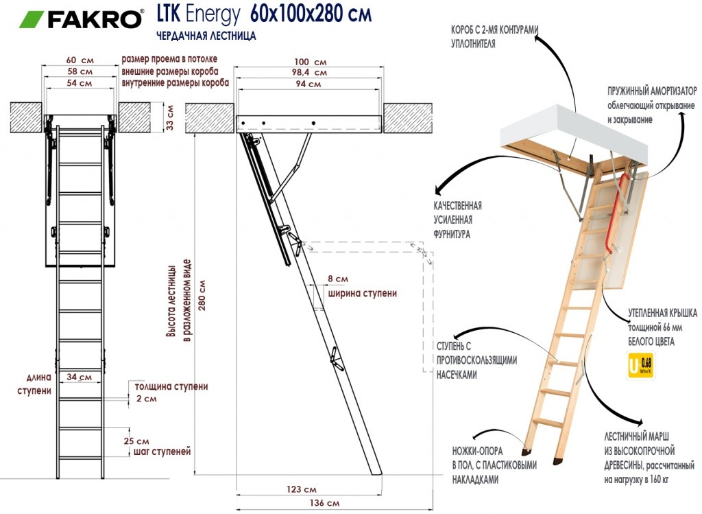 Чердачная лестница Fakro LTK Energy Termo 600х1000х2800 мм