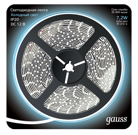 Лента светодиодная Gauss LED 312000307 5050/30-SMD IP20 7,2W 12V DC холодный белый 5 м