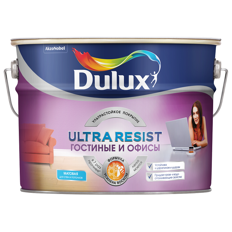 Краска Dulux Ultra Resist для гостиной и офиса база BW матовая 10 л