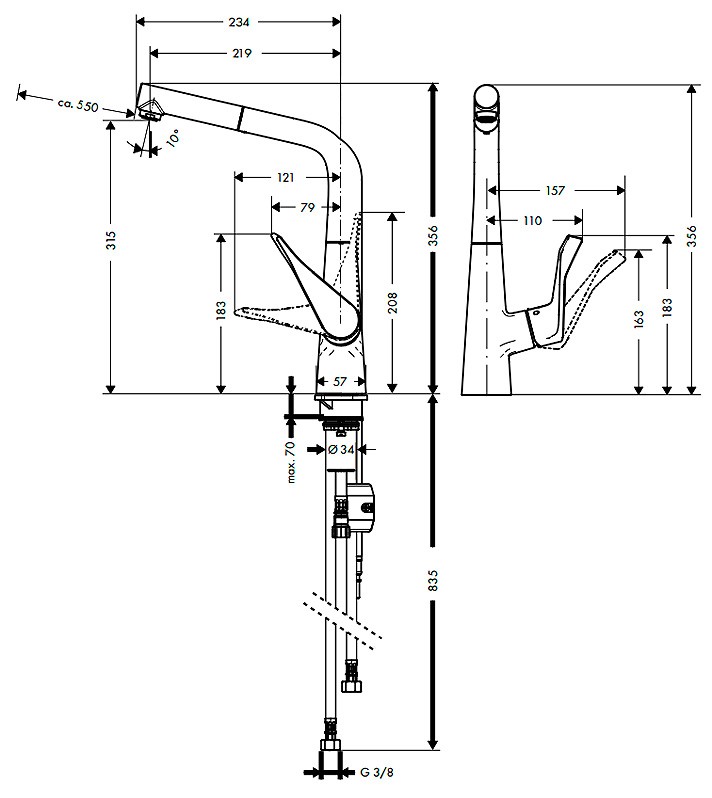 Смеситель для кухни Hansgrohe Metris 320 14821800 с выдвижным изливом