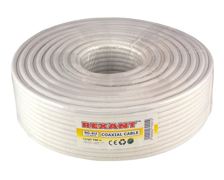 Кабель коаксиальный RG-6U+Cu 75 Ом Cu/Al/Cu 75% белый бухта 100 м Rexant