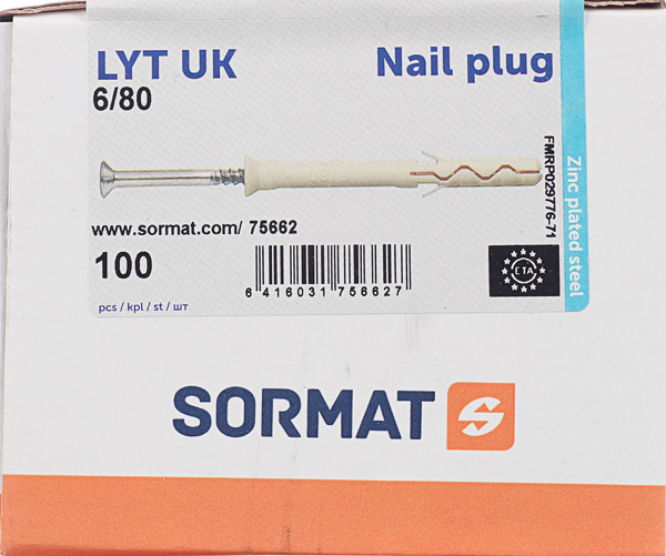 Дюбель-гвоздь Sormat 6x80 мм потайная манжета нейлон (100 шт.)