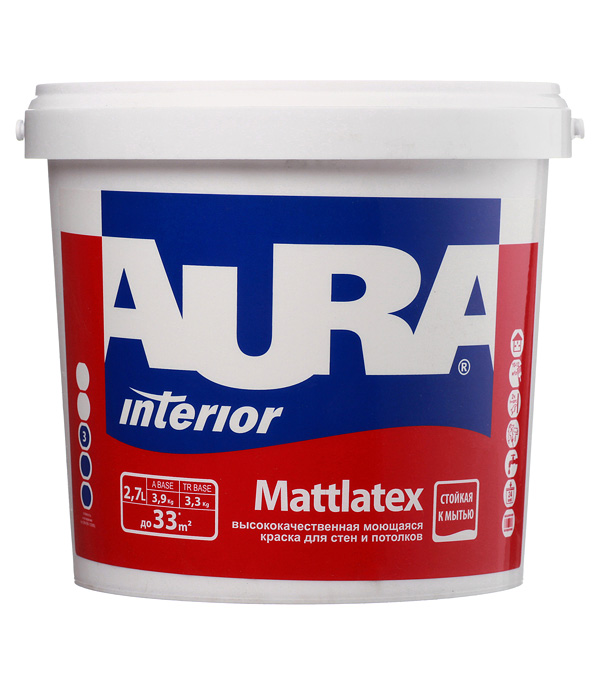 Краска водно-дисперсионная Aura Interior Mattlatex моющаяся белая основа А 2,7 л